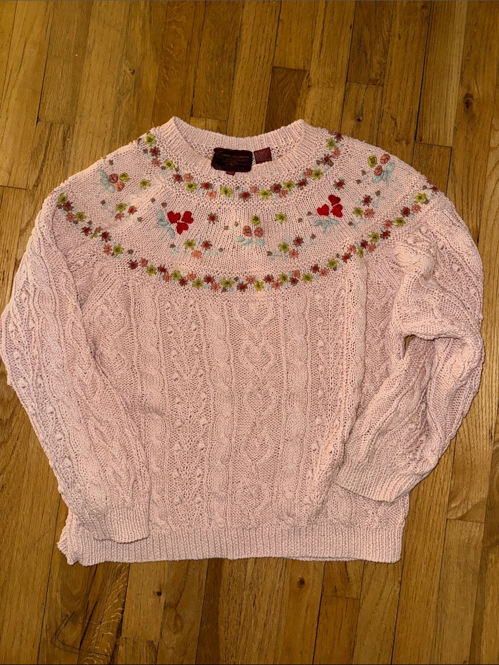 Vintage best American Women's Pink Cable Knit Sweater with Floral Embroidery L